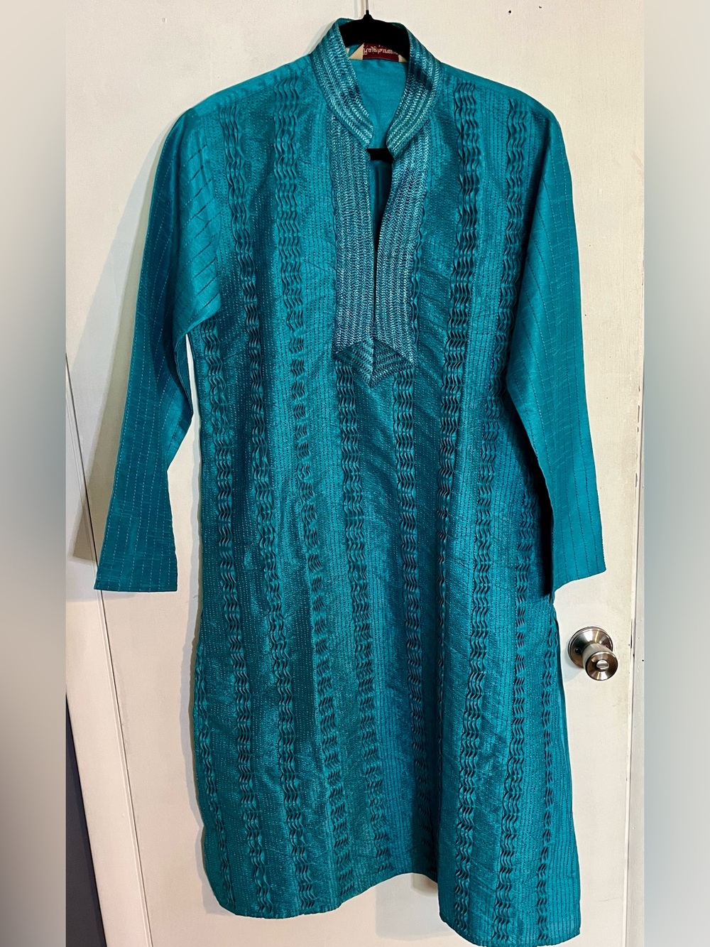 Women's Teal Long-Sleeve Textured Tie-Neck Dress